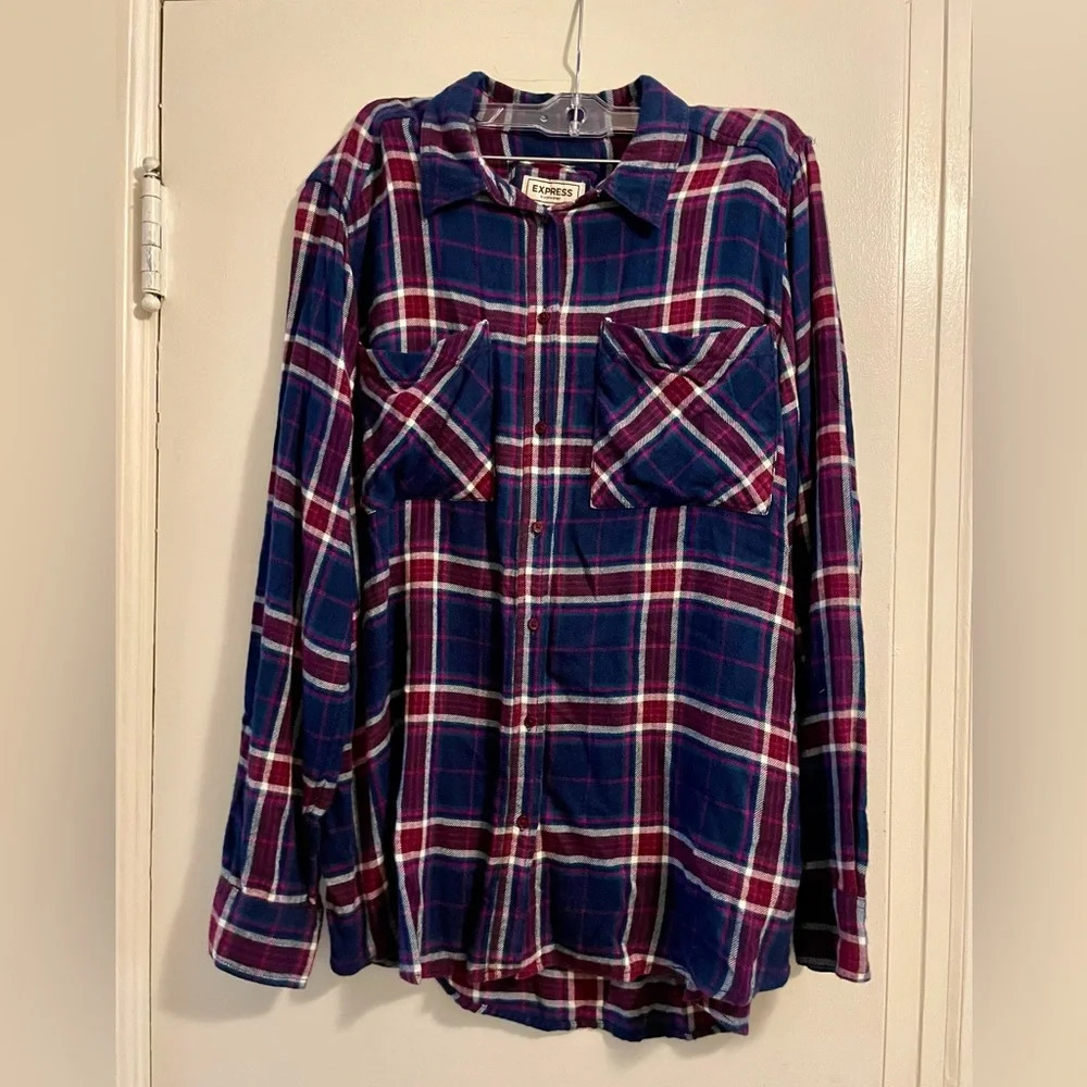 Express Boyfriend Flannel Shirt Blue Pink Double Front Patch Pocket Size Medium